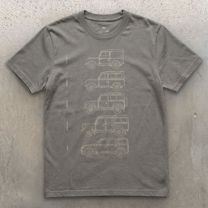 Land Rover, Five Names Across Five Decades design on a Charcoal Gildan Softstyle t-shirt