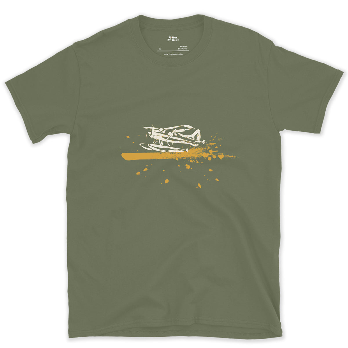 Landed on the Water design on a Military Green Gildan Softstyle t-shirt