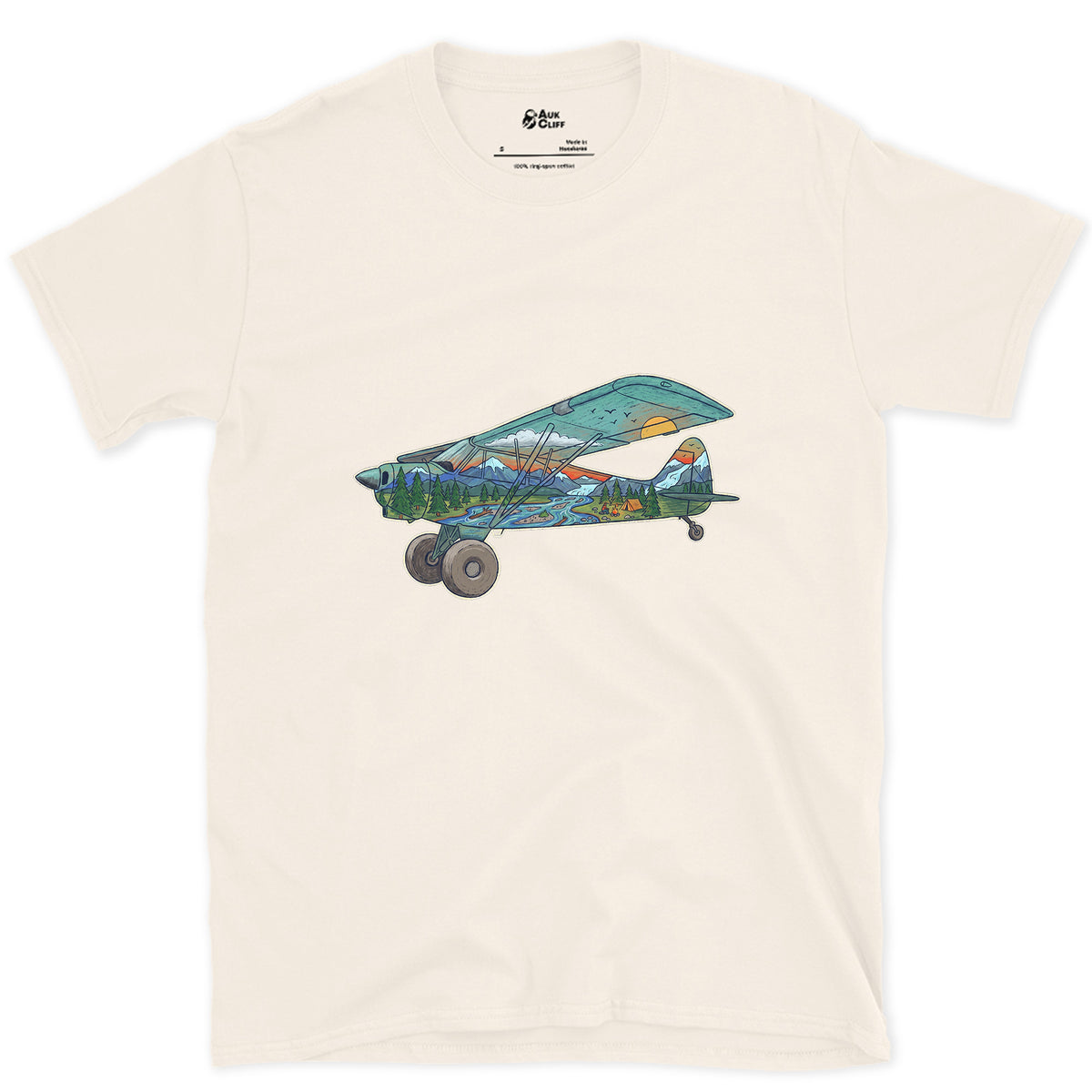 Landing on the Gravel Bar, Bush Plane design on a Natural Gildan Softstyle t-shirt