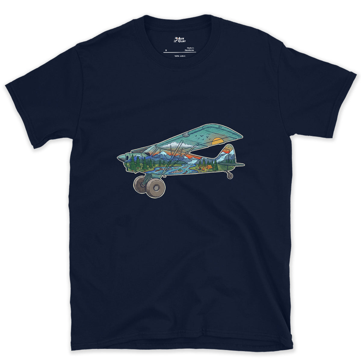 Landing on the Gravel Bar, Bush Plane design on a Navy Gildan Softstyle t-shirt