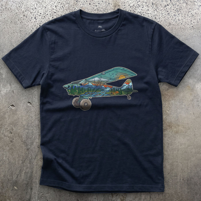 Landing on the Gravel Bar, Bush Plane design on a Navy Gildan Softstyle t-shirt