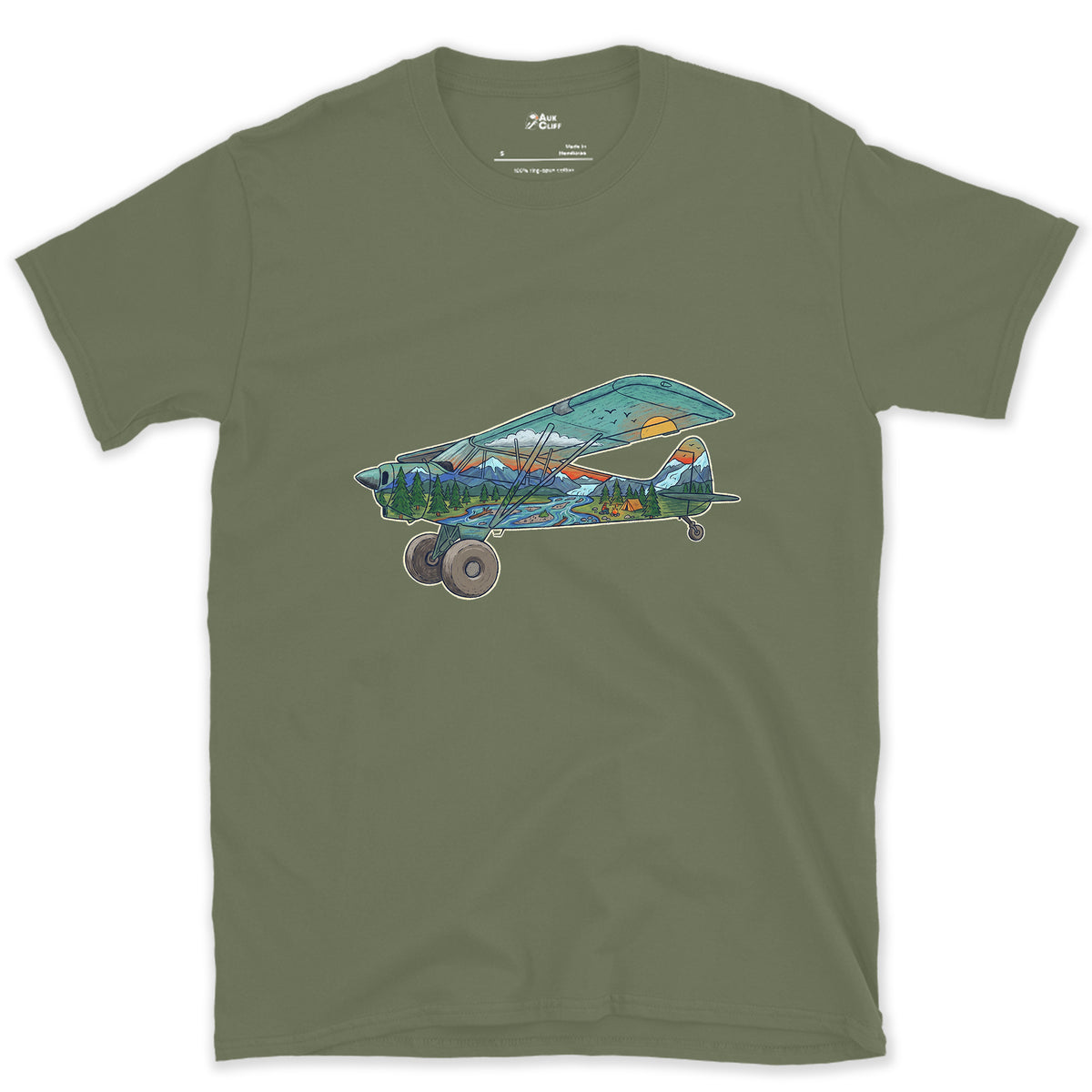 Landing on the Gravel Bar, Bush Plane design on a Military Green Gildan Softstyle t-shirt