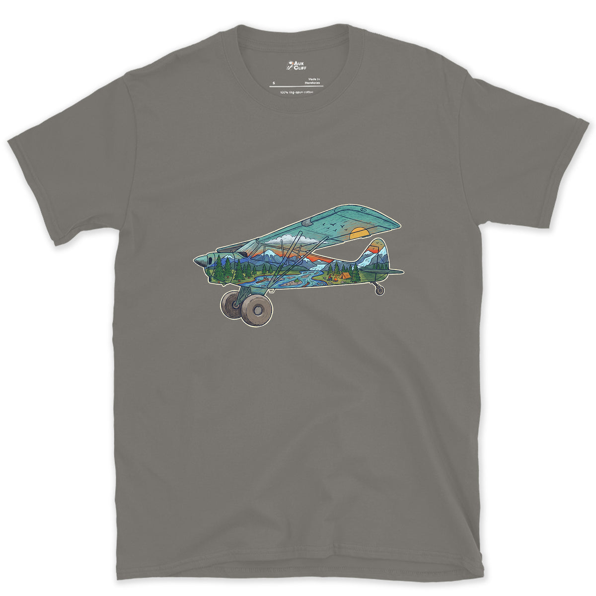 Landing on the Gravel Bar, Bush Plane design on a Charcoal Gildan Softstyle t-shirt