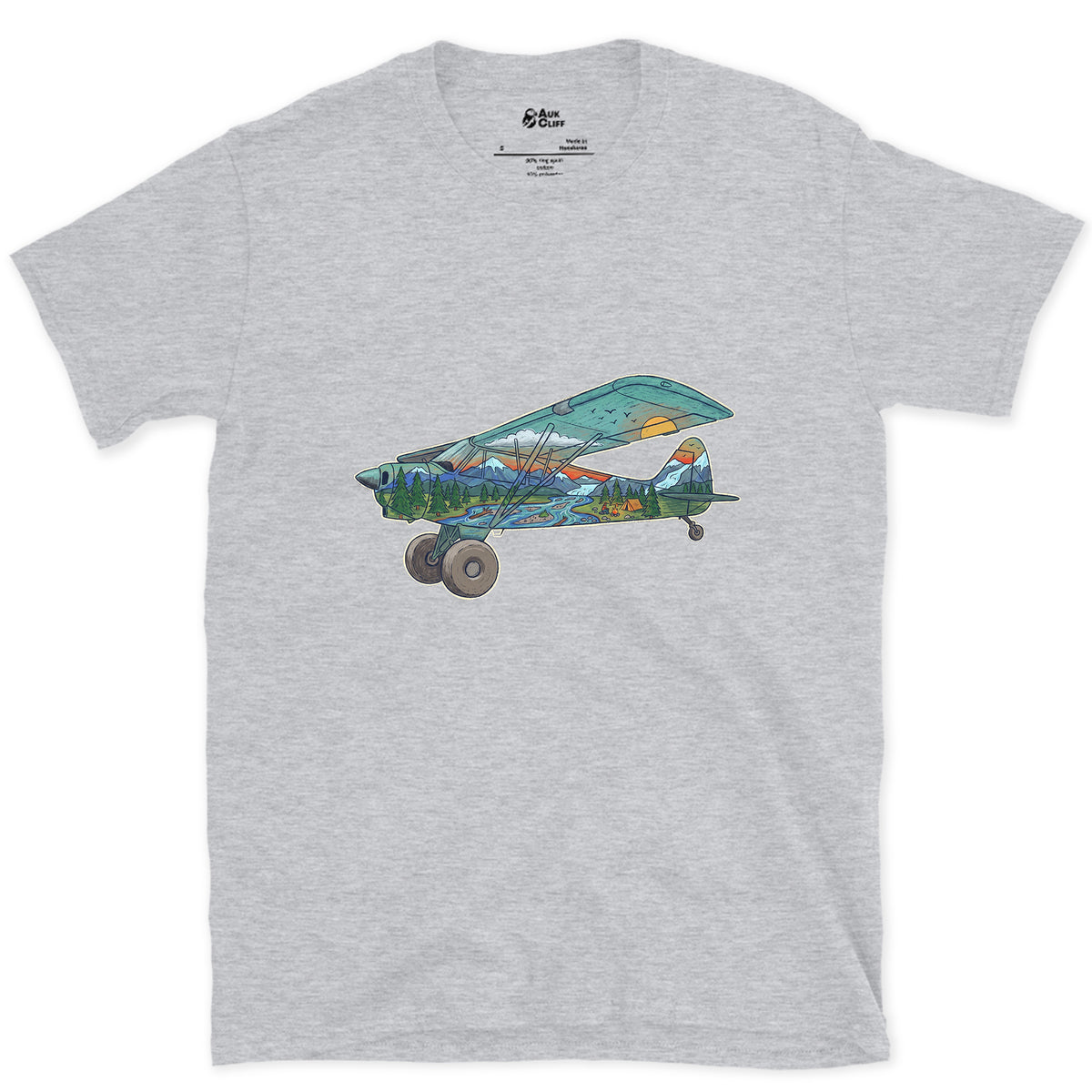 Landing on the Gravel Bar, Bush Plane design on a Sport Grey Gildan Softstyle t-shirt
