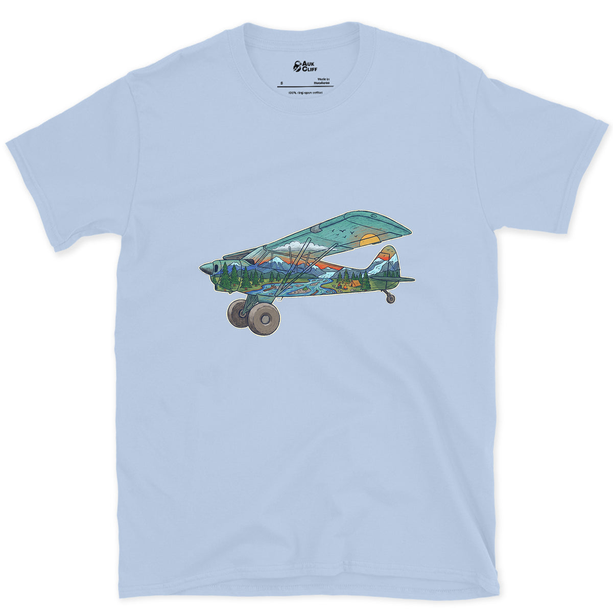 Landing on the Gravel Bar, Bush Plane design on a Light Blue Gildan Softstyle t-shirt