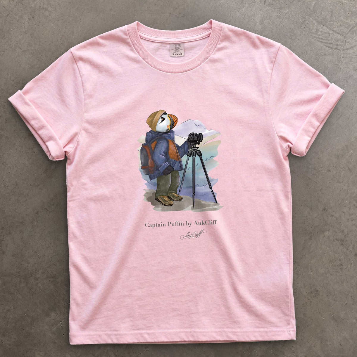 Captain Puffin Landscape Photographer on a Blossom Comfort Colors t-shirt
