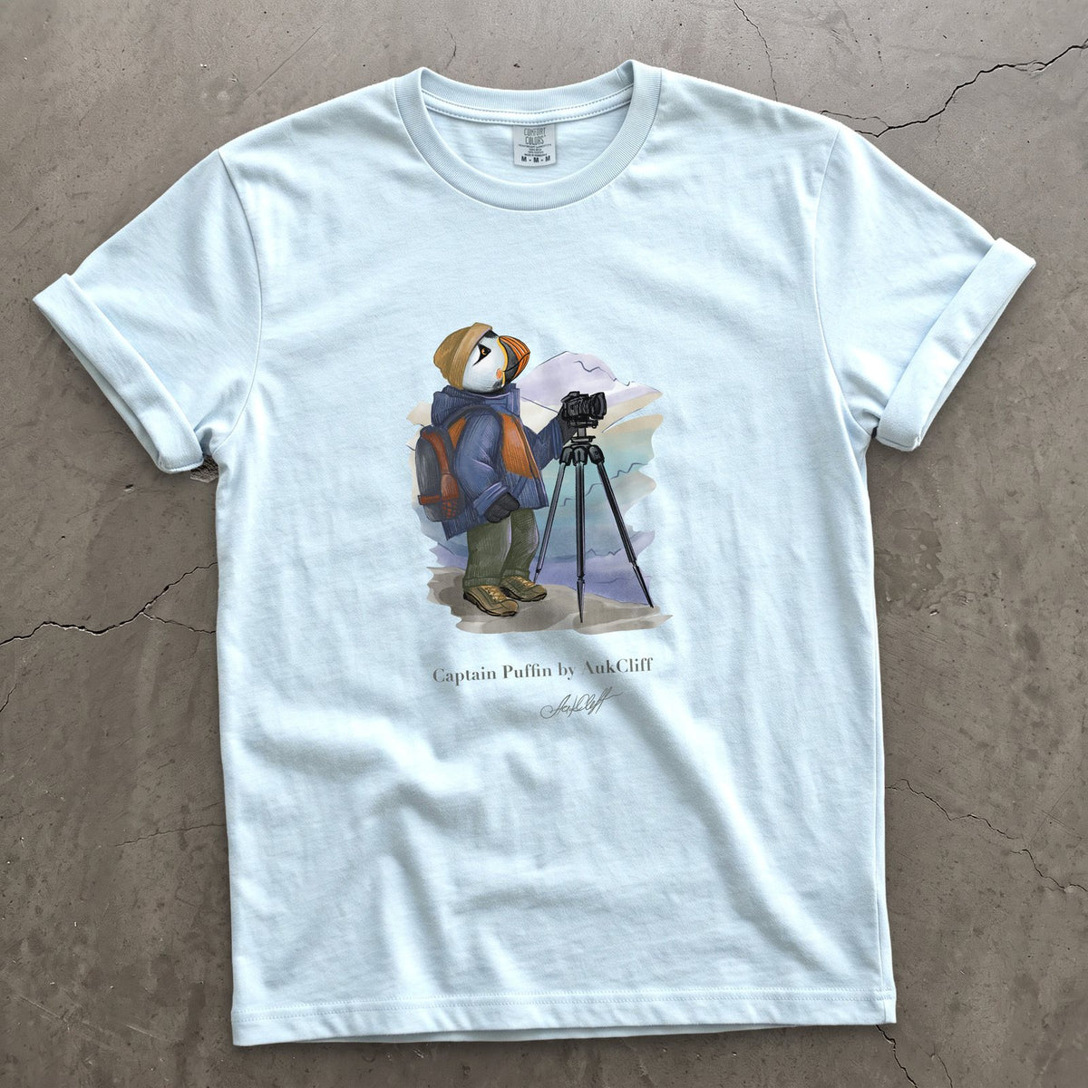 Captain Puffin Landscape Photographer on a Chambray Comfort Colors t-shirt