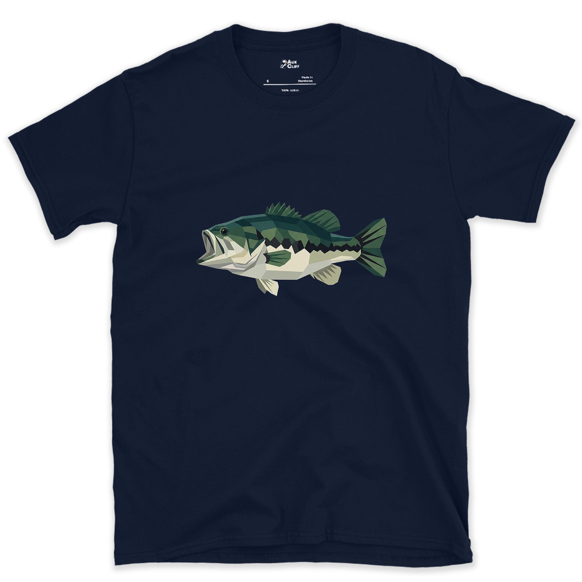 Wide Jaw Still Reads in Sharp Angles, Largemouth Bass design on a Navy Gildan Softstyle t-shirt