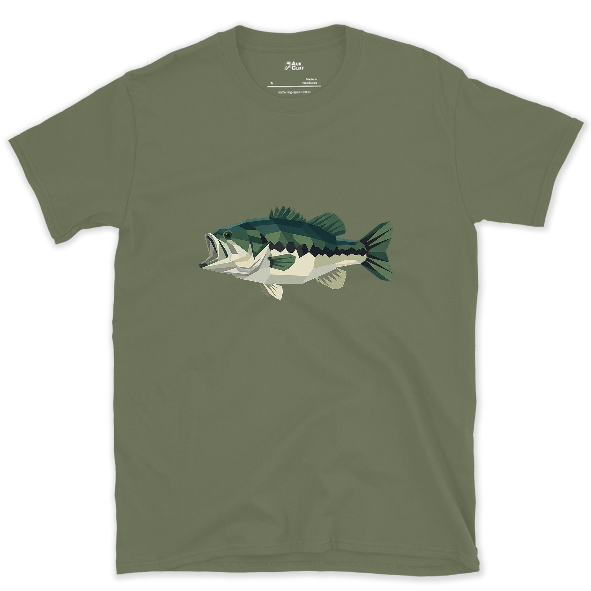 Wide Jaw Still Reads in Sharp Angles, Largemouth Bass design on a Military Green Gildan Softstyle t-shirt
