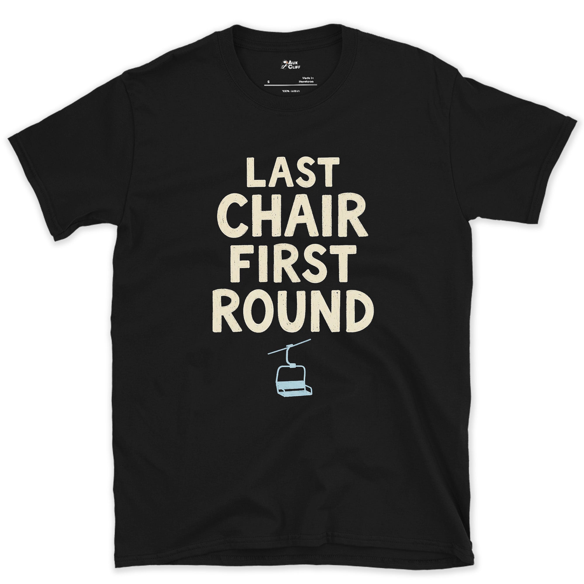 Last Chair First Round Gondola design on a Black Gildan Softstyle t-shirt