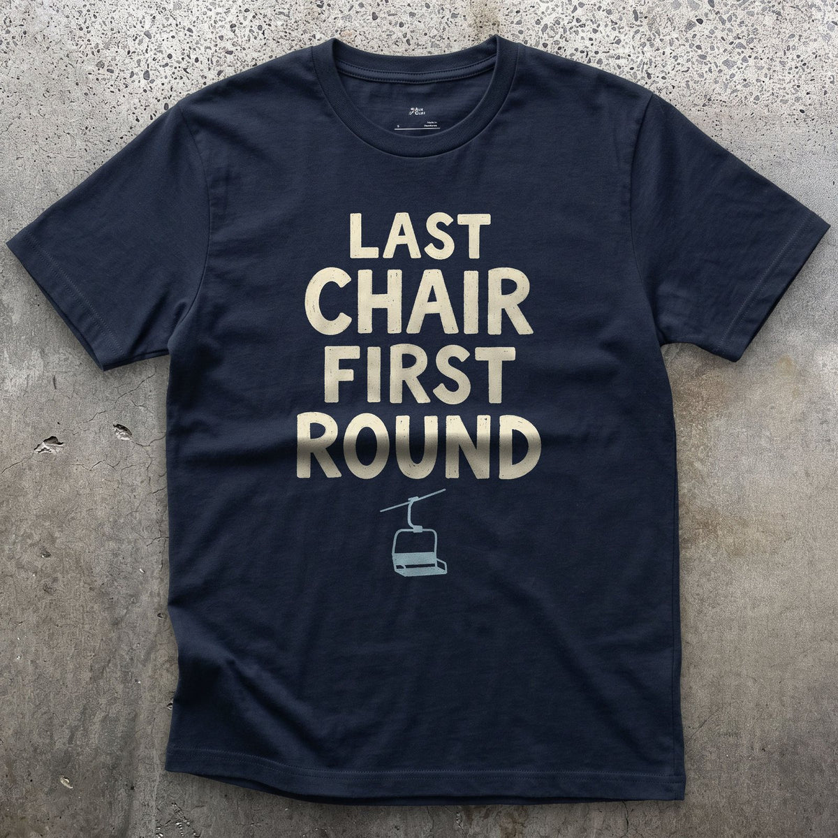 Last Chair First Round Gondola design on a Navy Gildan Softstyle t-shirt