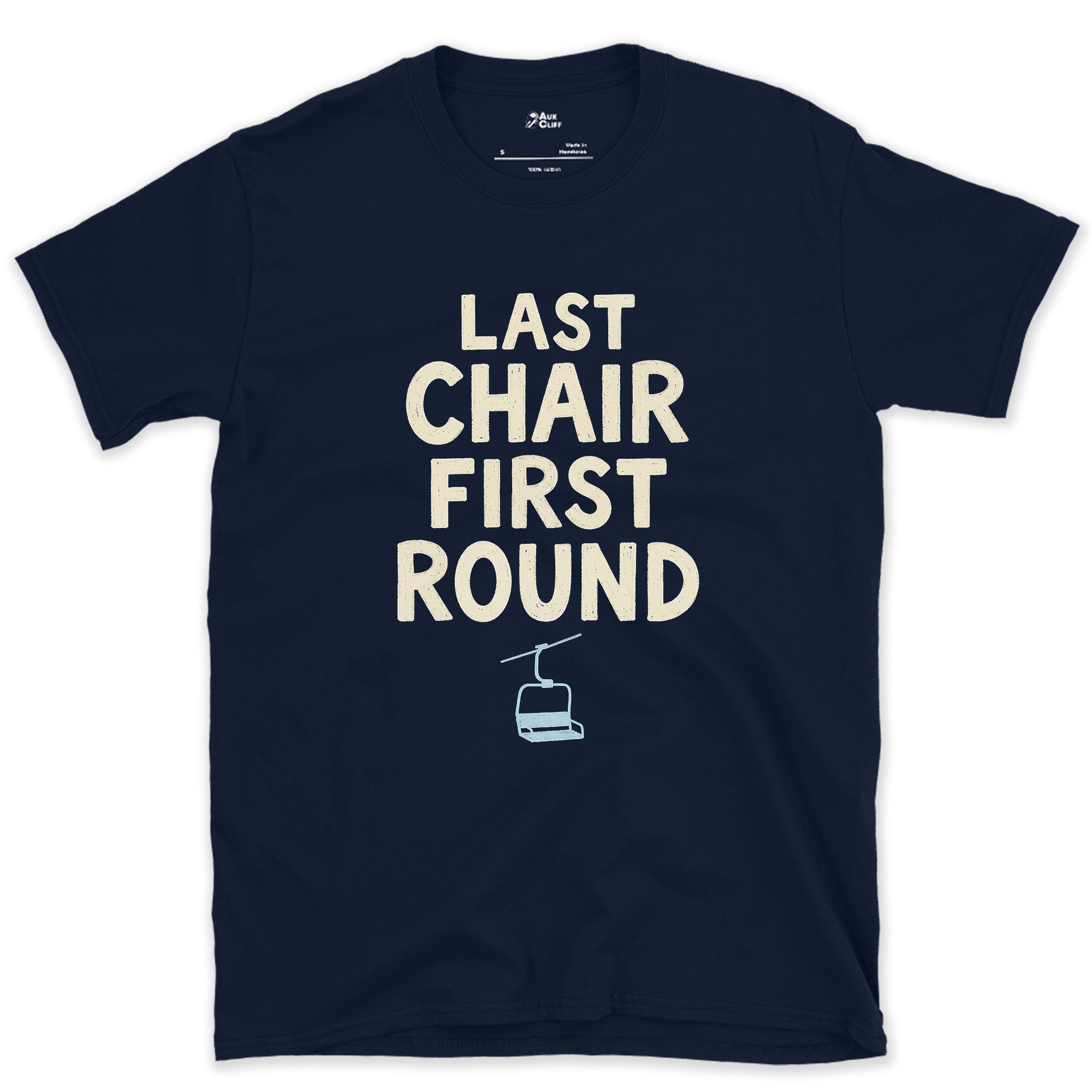 Last Chair First Round Gondola design on a Navy Gildan Softstyle t-shirt
