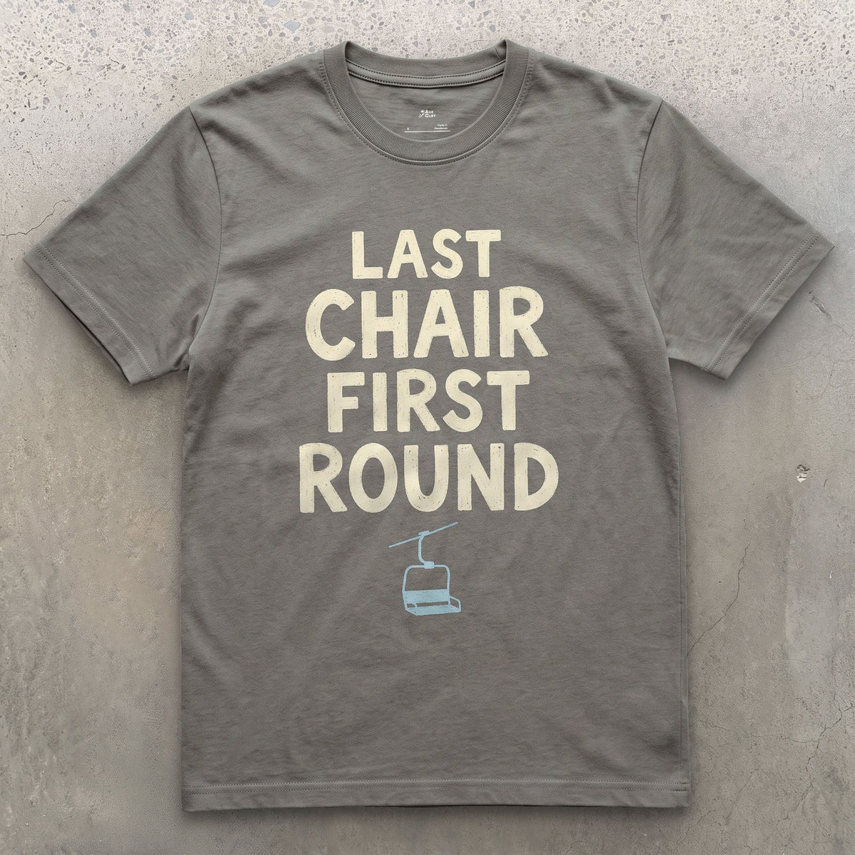 Last Chair First Round Gondola design on a Charcoal Gildan Softstyle t-shirt