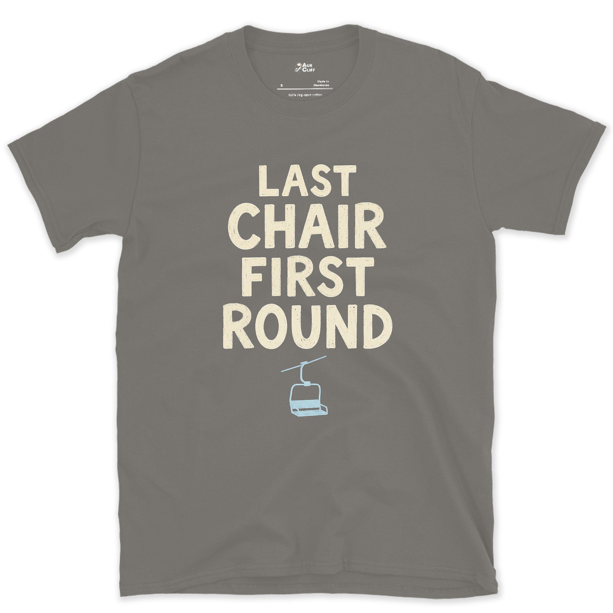 Last Chair First Round Gondola design on a Charcoal Gildan Softstyle t-shirt