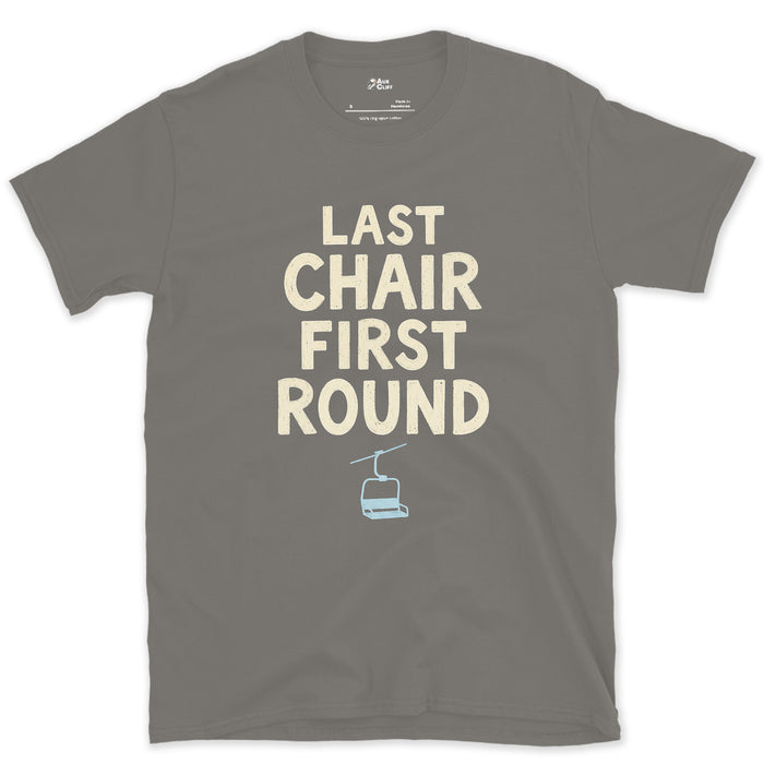 Last Chair First Round Gondola design on a Charcoal Gildan Softstyle t-shirt