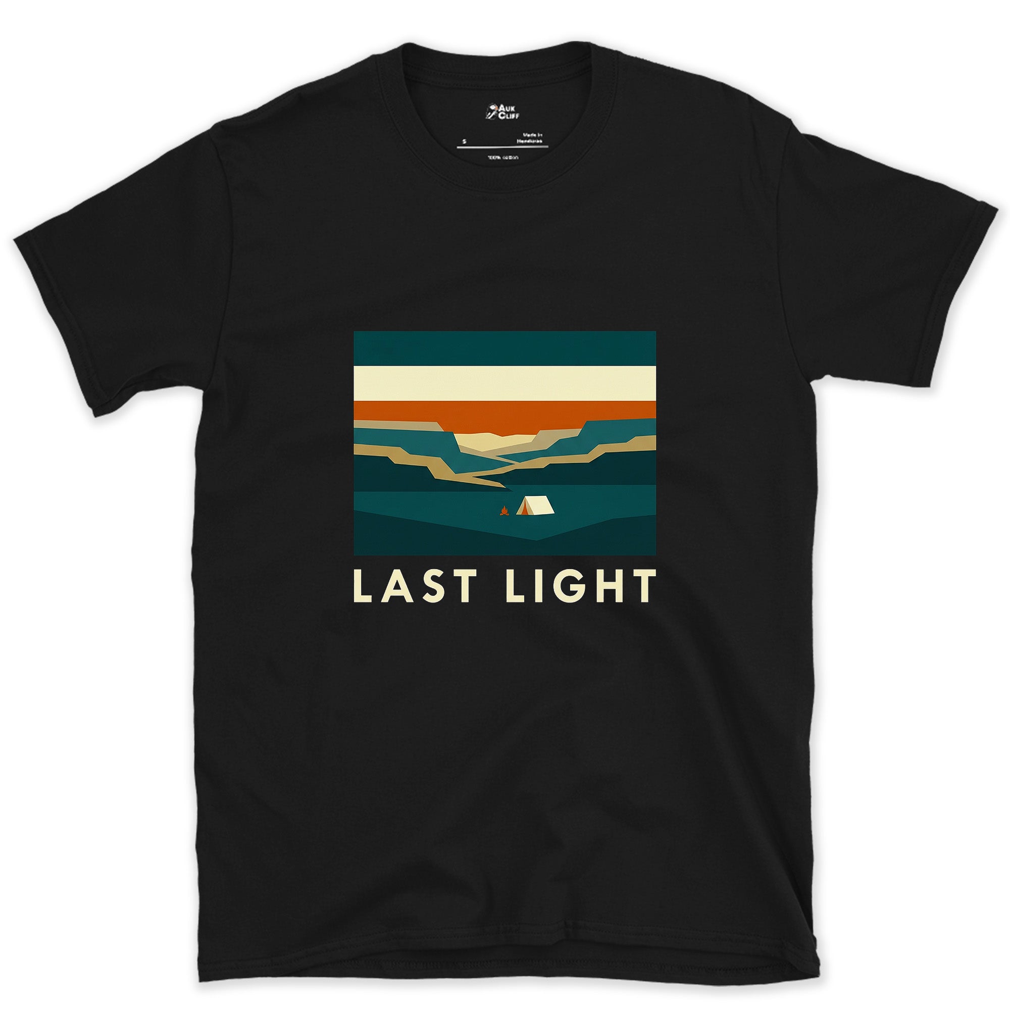 Last Light, Valley Camp design on a Black Gildan Softstyle t-shirt