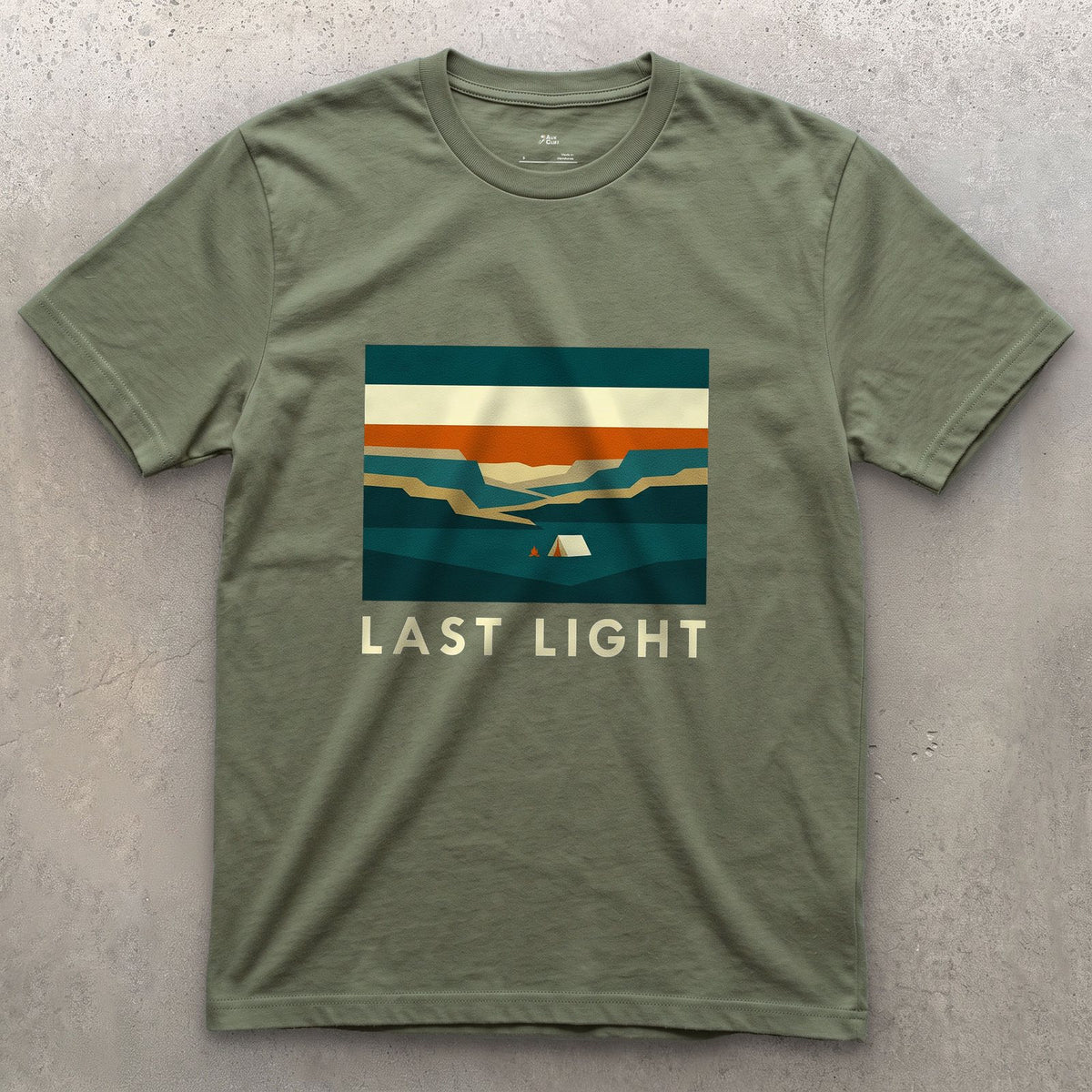 Last Light, Valley Camp design on a Military Green Gildan Softstyle t-shirt
