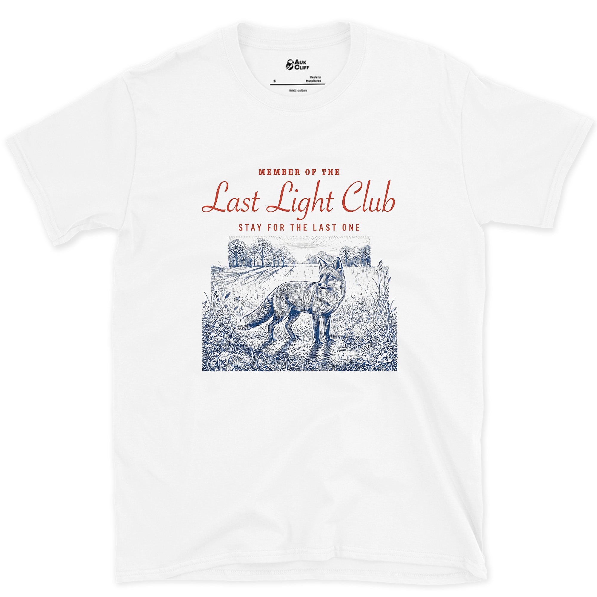 Last Light, Stay for the Last One, Coyote in Grass design on a White Gildan Softstyle t-shirt