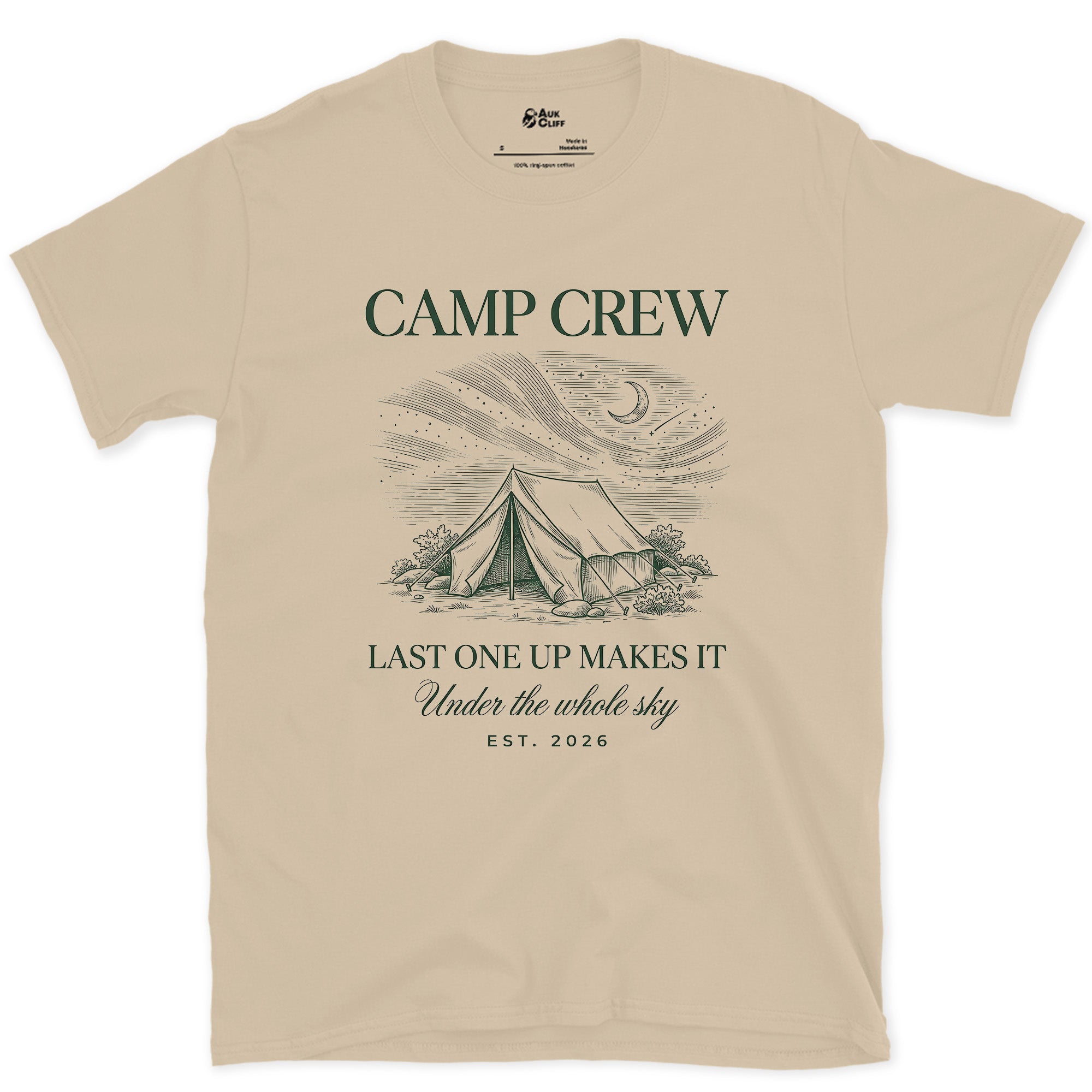 Last One Up Makes It, Camp Crew design on a Sand Gildan Softstyle t-shirt