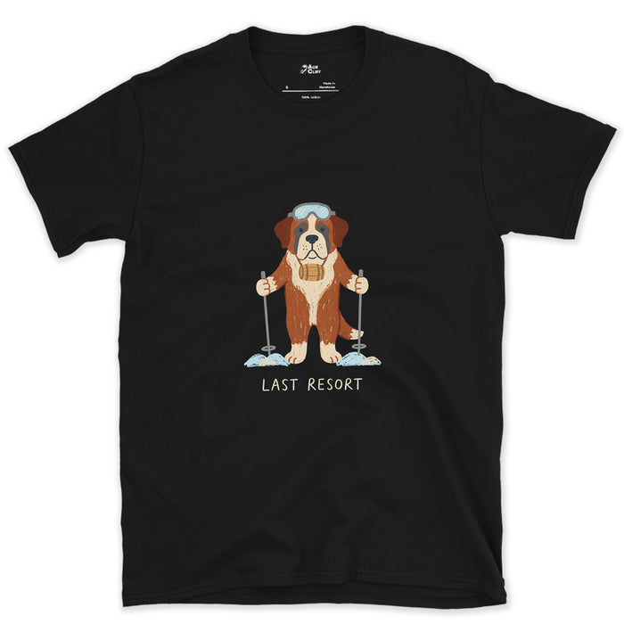 Last Resort, St Bernard on Skis design on a Black Gildan Softstyle t-shirt