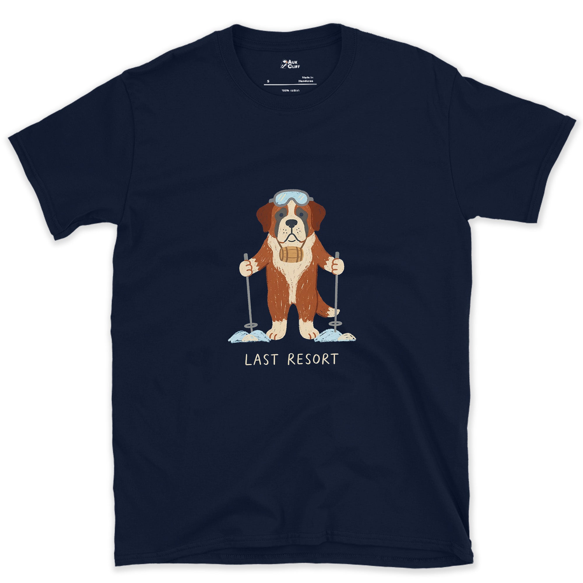 Last Resort, St Bernard on Skis design on a Navy Gildan Softstyle t-shirt