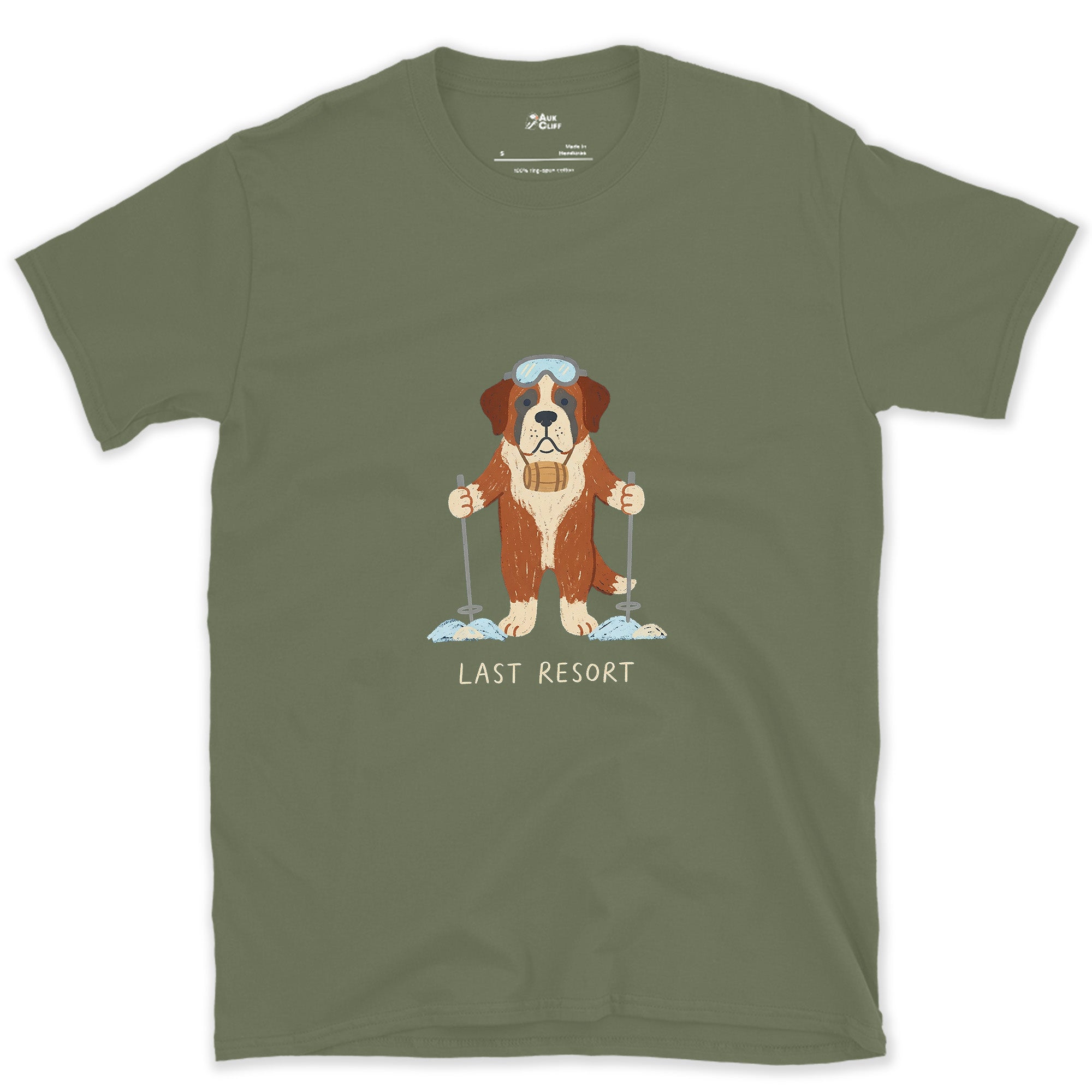 Last Resort, St Bernard on Skis design on a Military Green Gildan Softstyle t-shirt