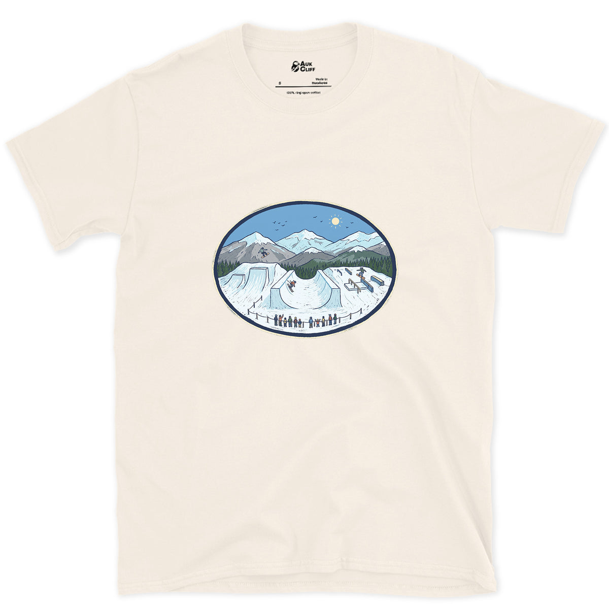 Late Morning in the Snow Terrain Park design on a Natural Gildan Softstyle t-shirt