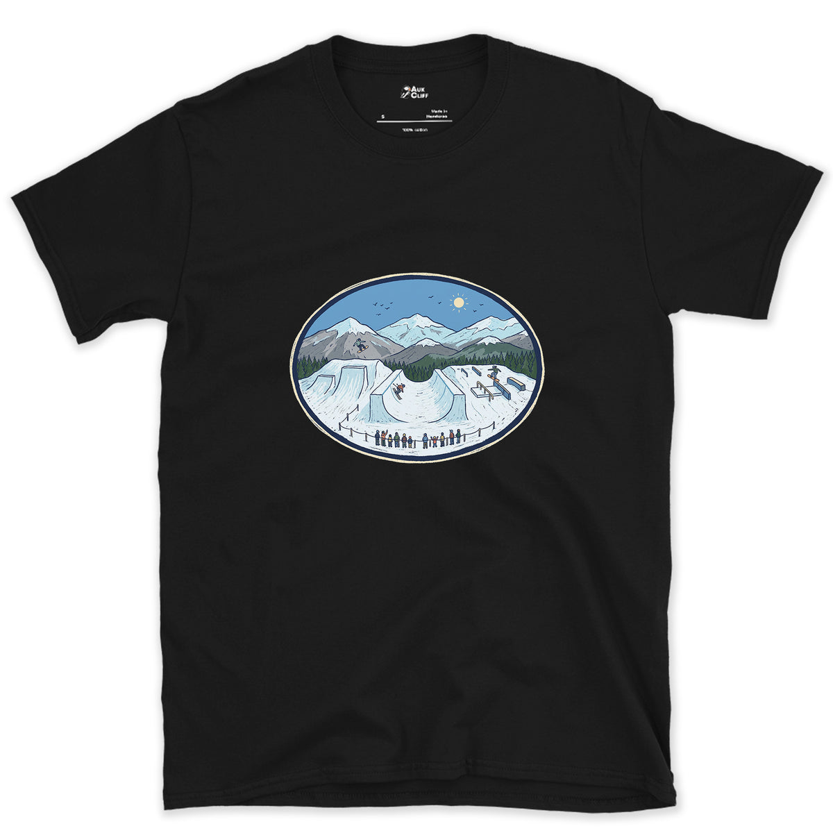 Late Morning in the Snow Terrain Park design on a Black Gildan Softstyle t-shirt