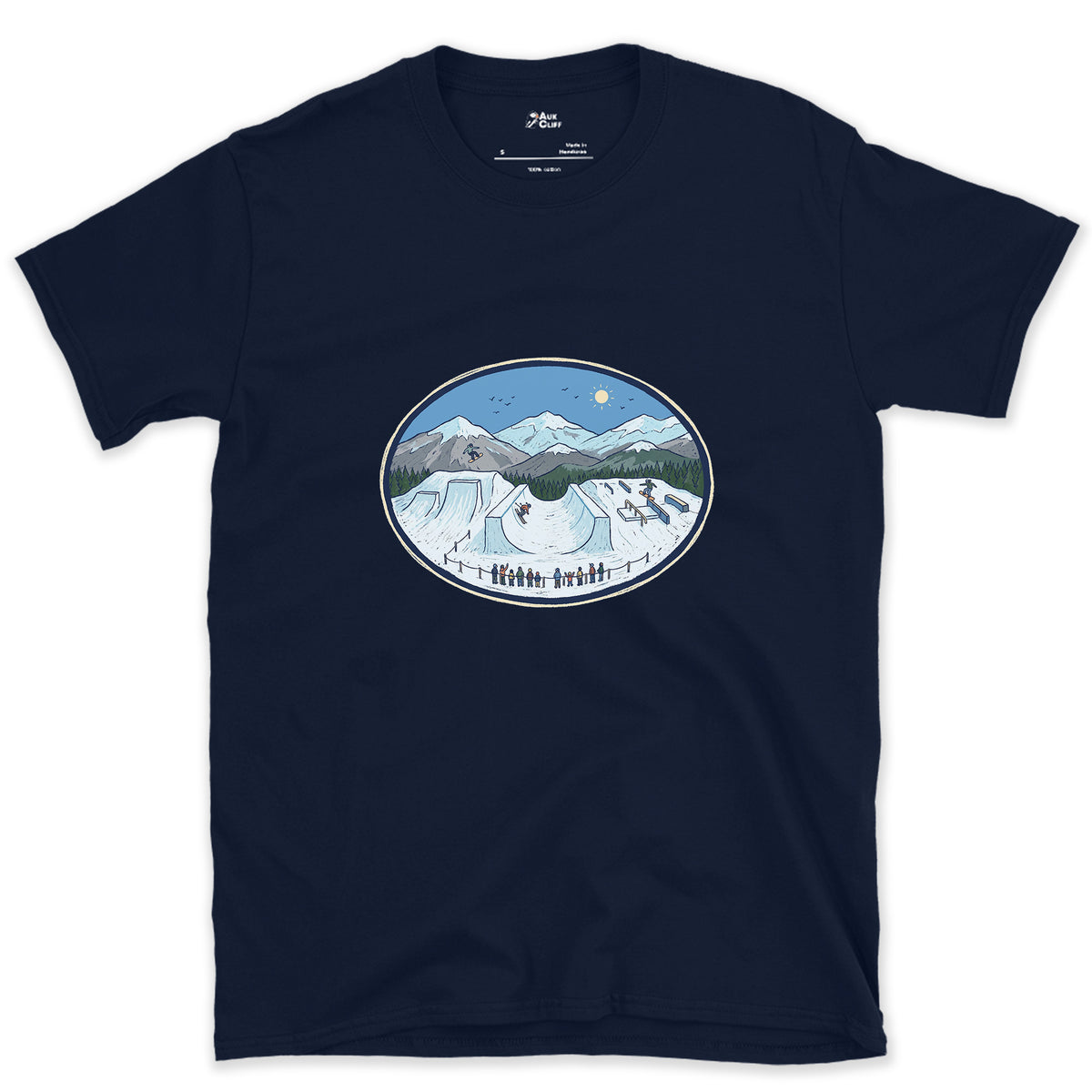 Late Morning in the Snow Terrain Park design on a Navy Gildan Softstyle t-shirt