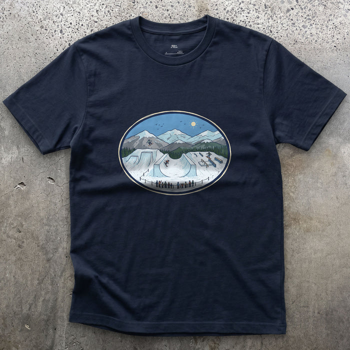 Late Morning in the Snow Terrain Park design on a Navy Gildan Softstyle t-shirt