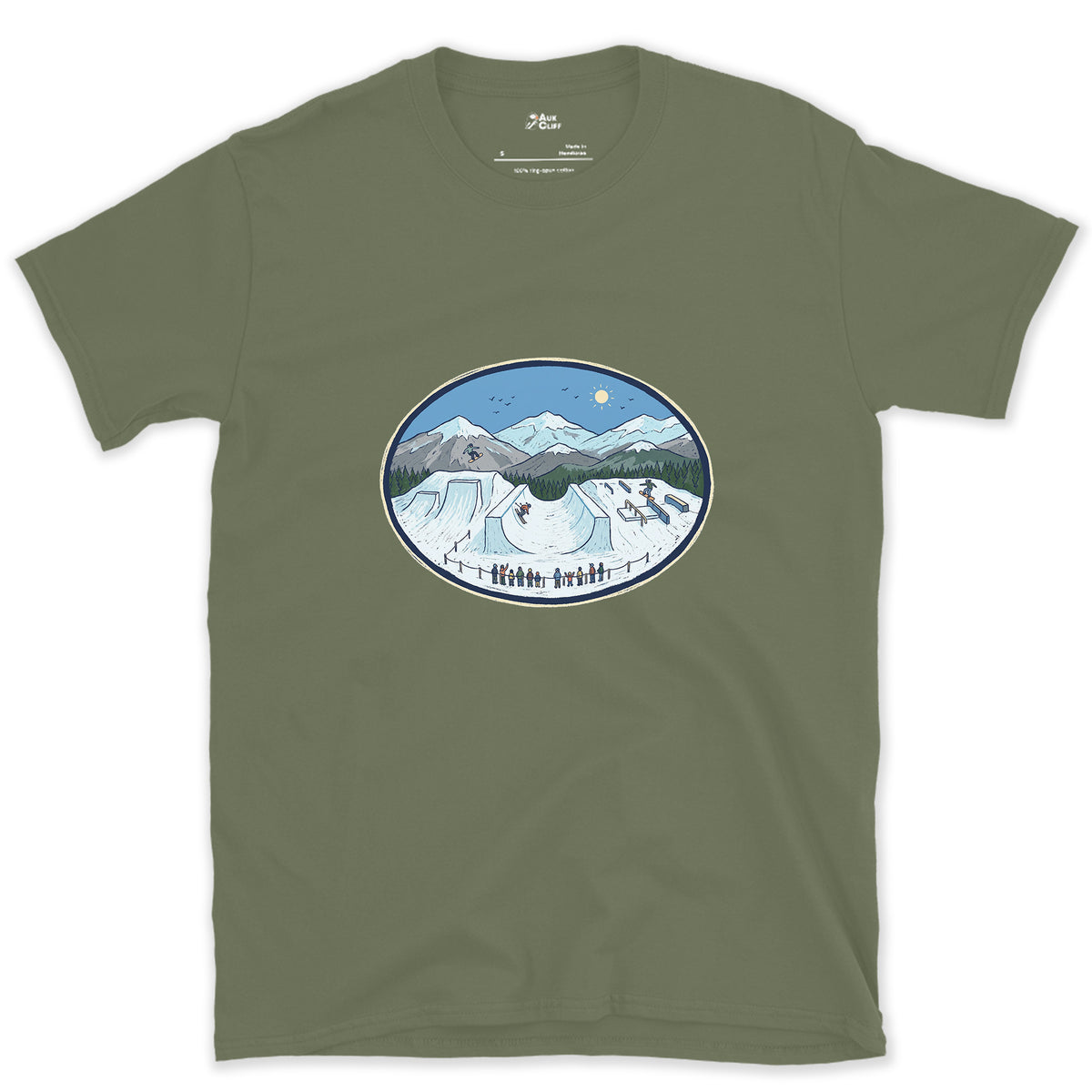 Late Morning in the Snow Terrain Park design on a Military Green Gildan Softstyle t-shirt