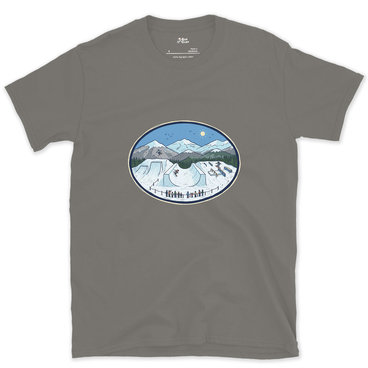 Late Morning in the Snow Terrain Park design on a Charcoal Gildan Softstyle t-shirt