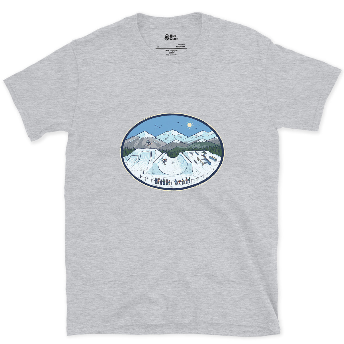 Late Morning in the Snow Terrain Park design on a Sport Grey Gildan Softstyle t-shirt