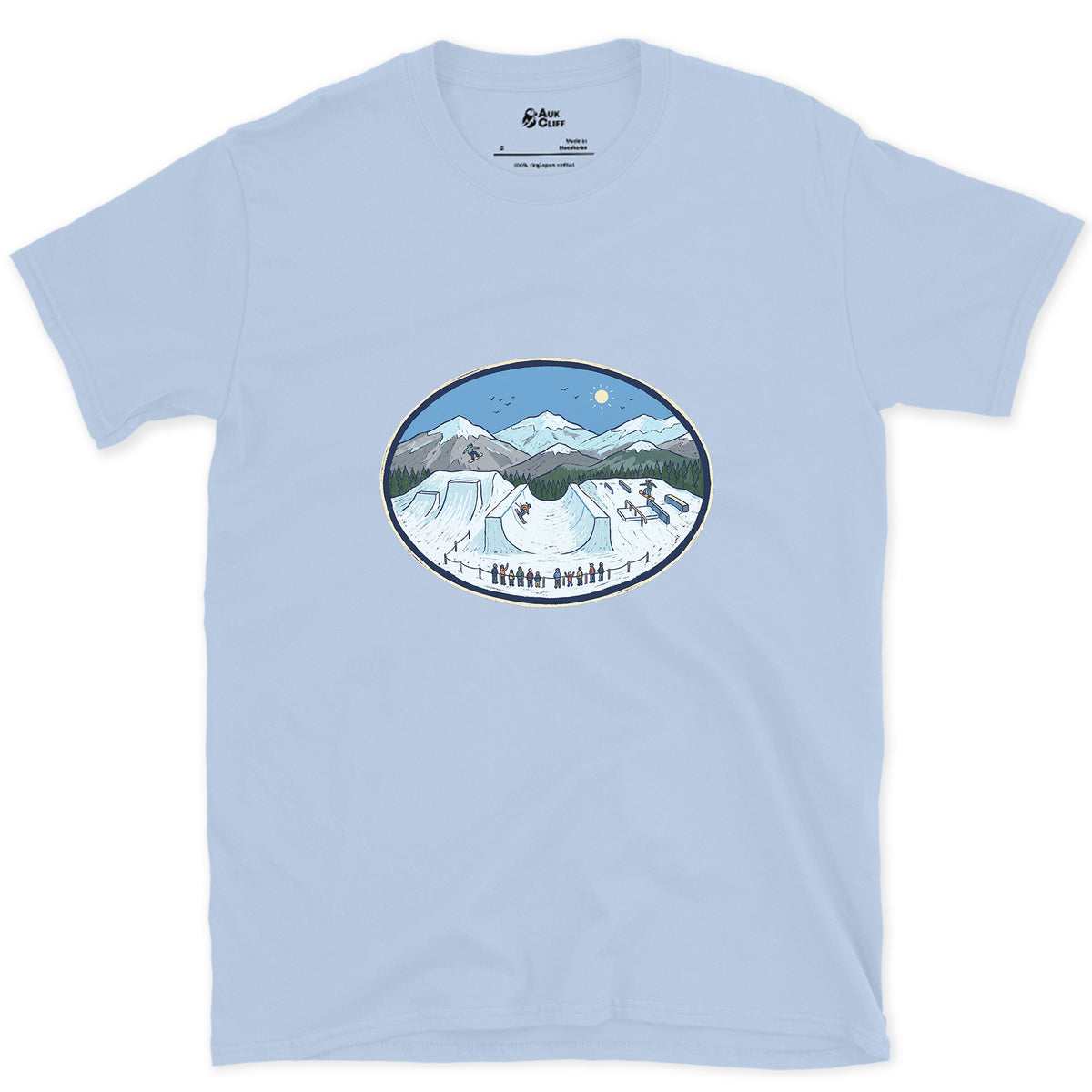 Late Morning in the Snow Terrain Park design on a Light Blue Gildan Softstyle t-shirt