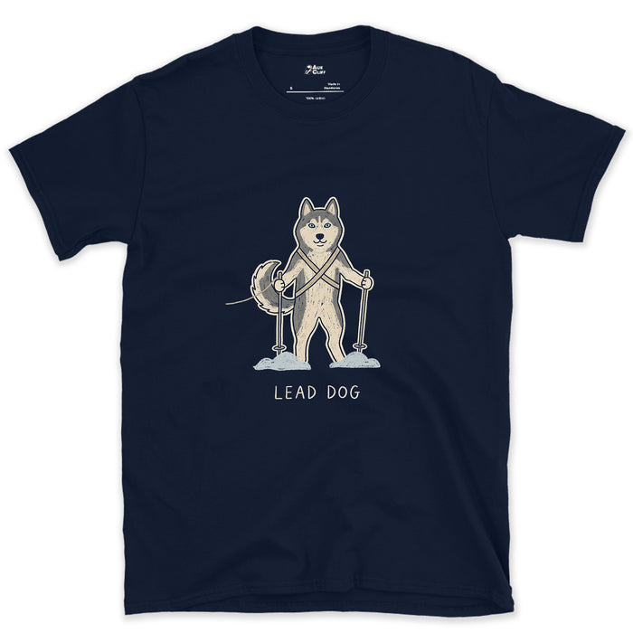 Lead Dog Husky on Skis design on a Navy Gildan Softstyle t-shirt