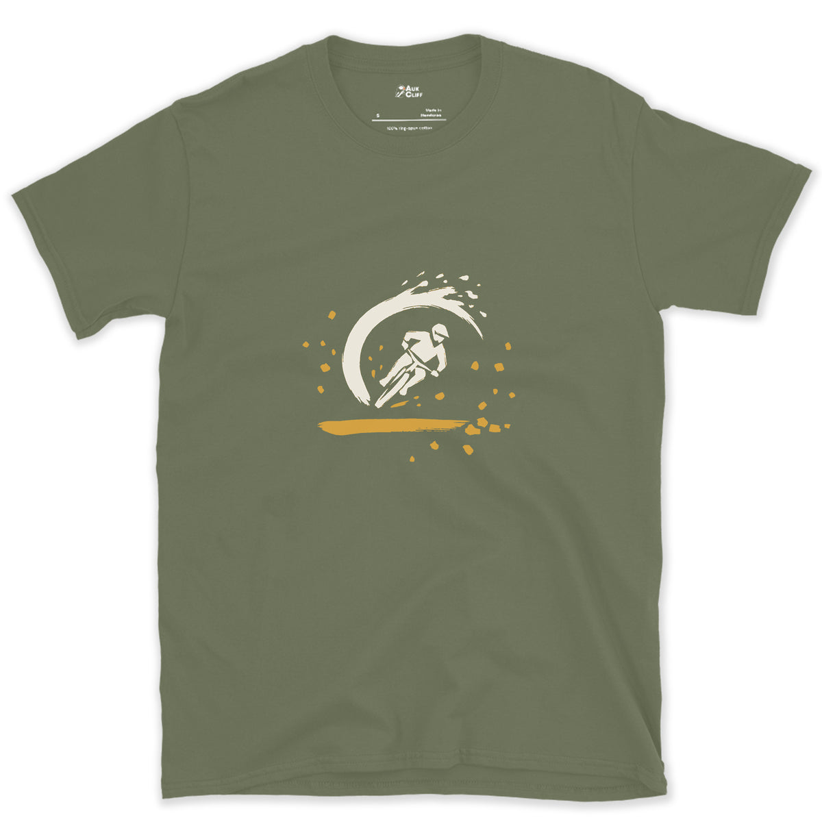 Leaned Into the Berm design on a Military Green Gildan Softstyle t-shirt