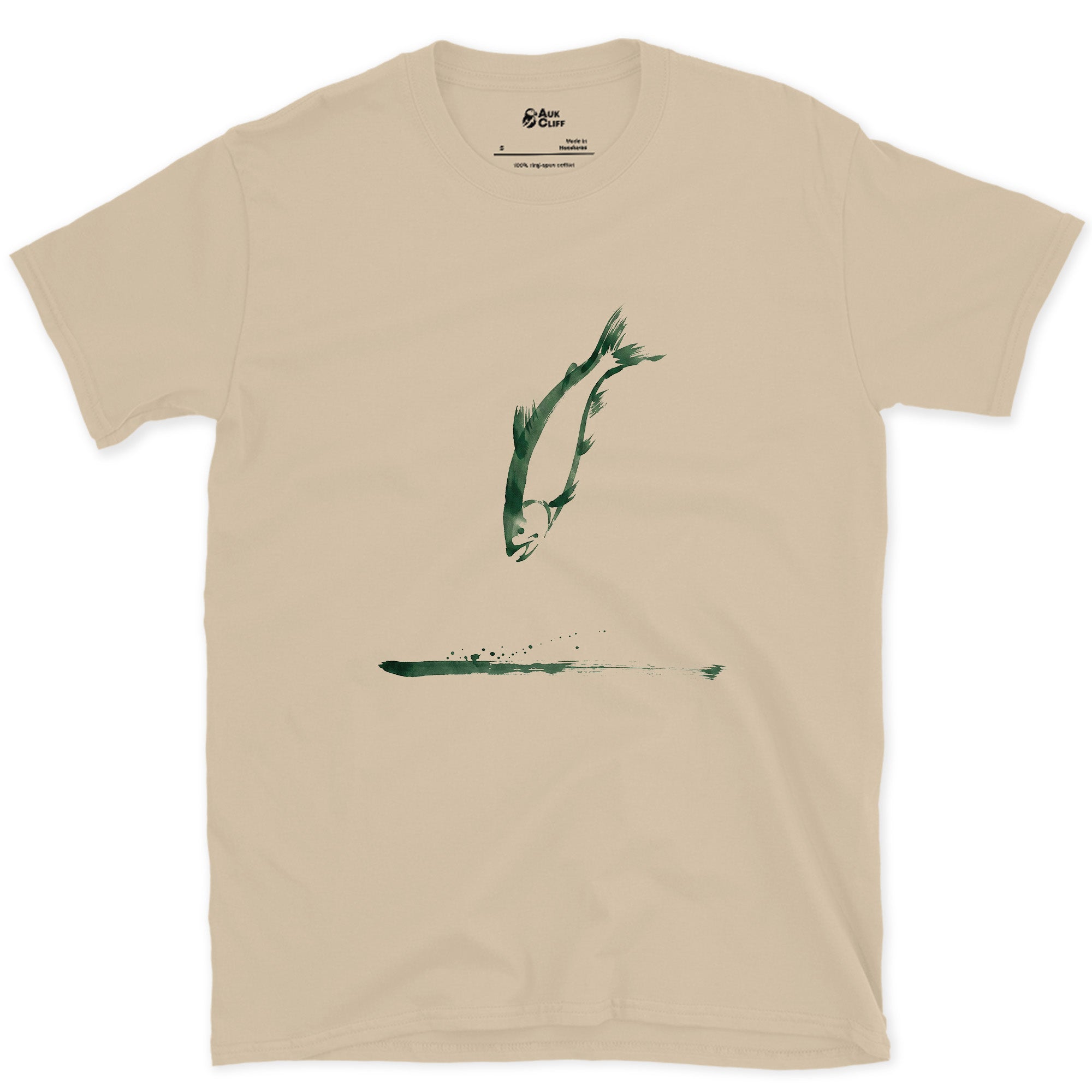 One Stroke, Leaping Fish design on a Sand Gildan Softstyle t-shirt