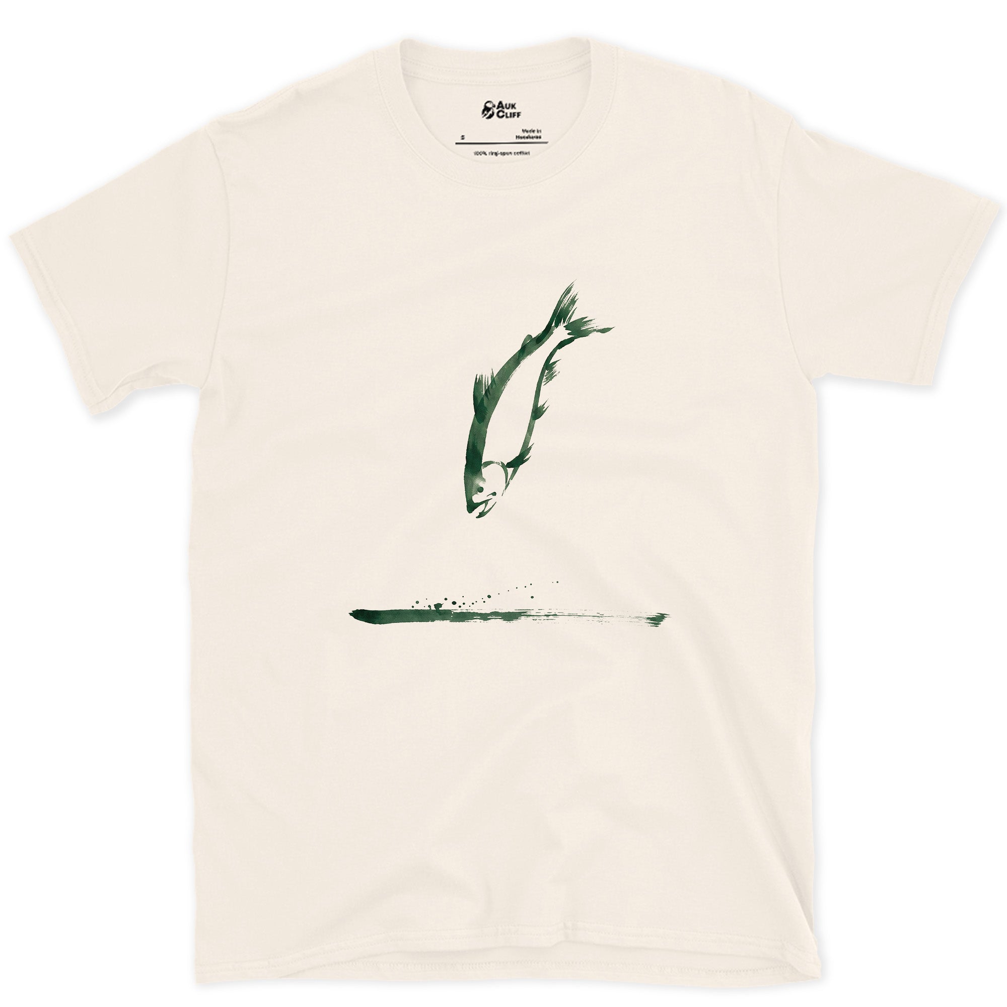 One Stroke, Leaping Fish design on a Natural Gildan Softstyle t-shirt