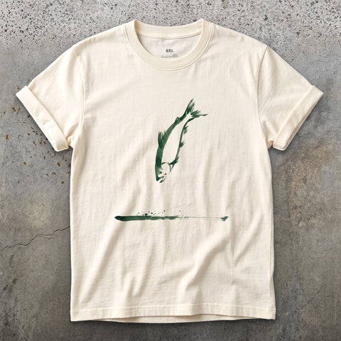 One Stroke, Leaping Fish design on a Natural Gildan Softstyle t-shirt