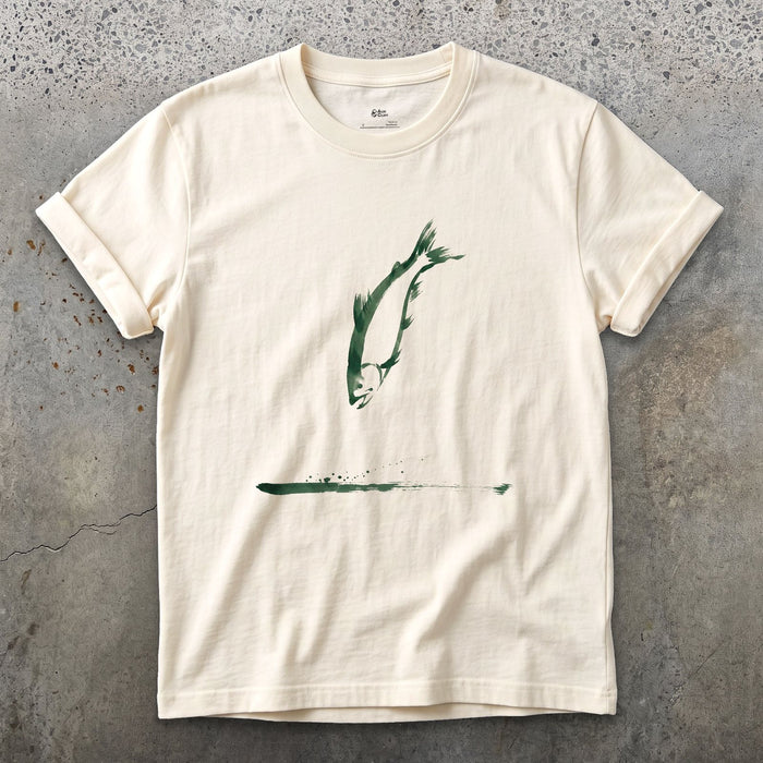 One Stroke, Leaping Fish design on a Natural Gildan Softstyle t-shirt