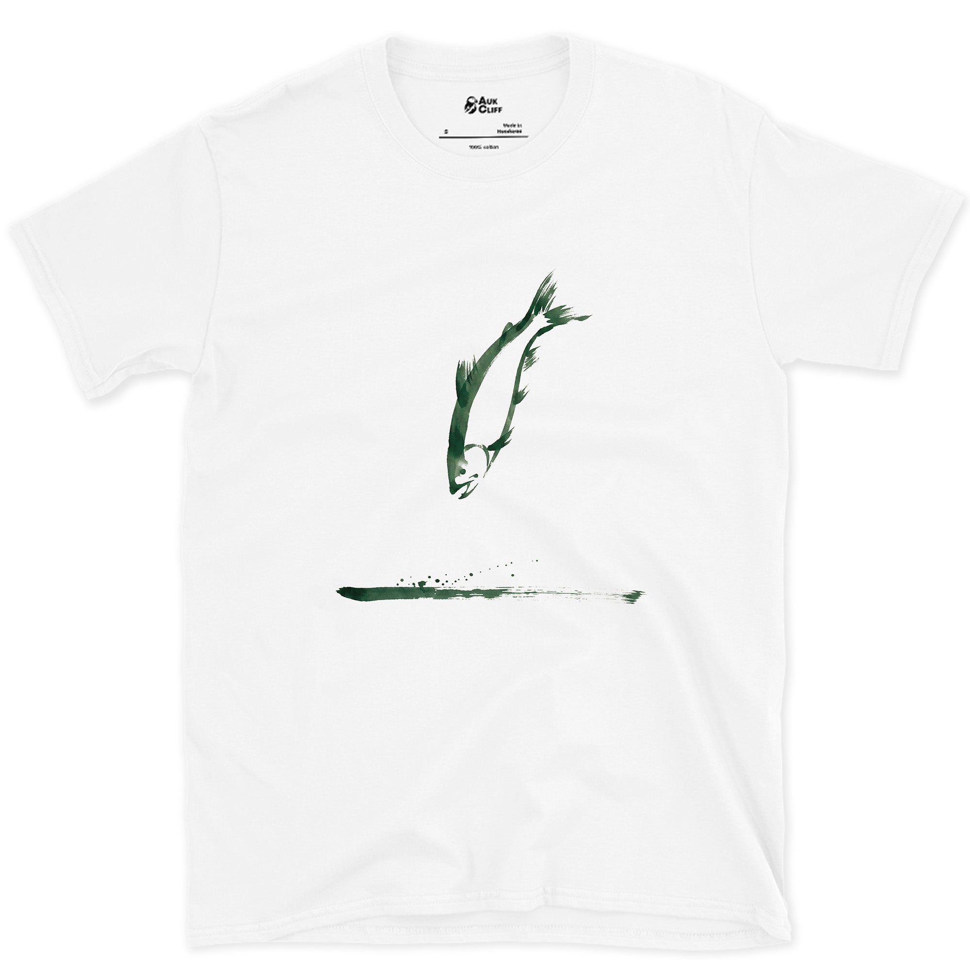 One Stroke, Leaping Fish design on a White Gildan Softstyle t-shirt