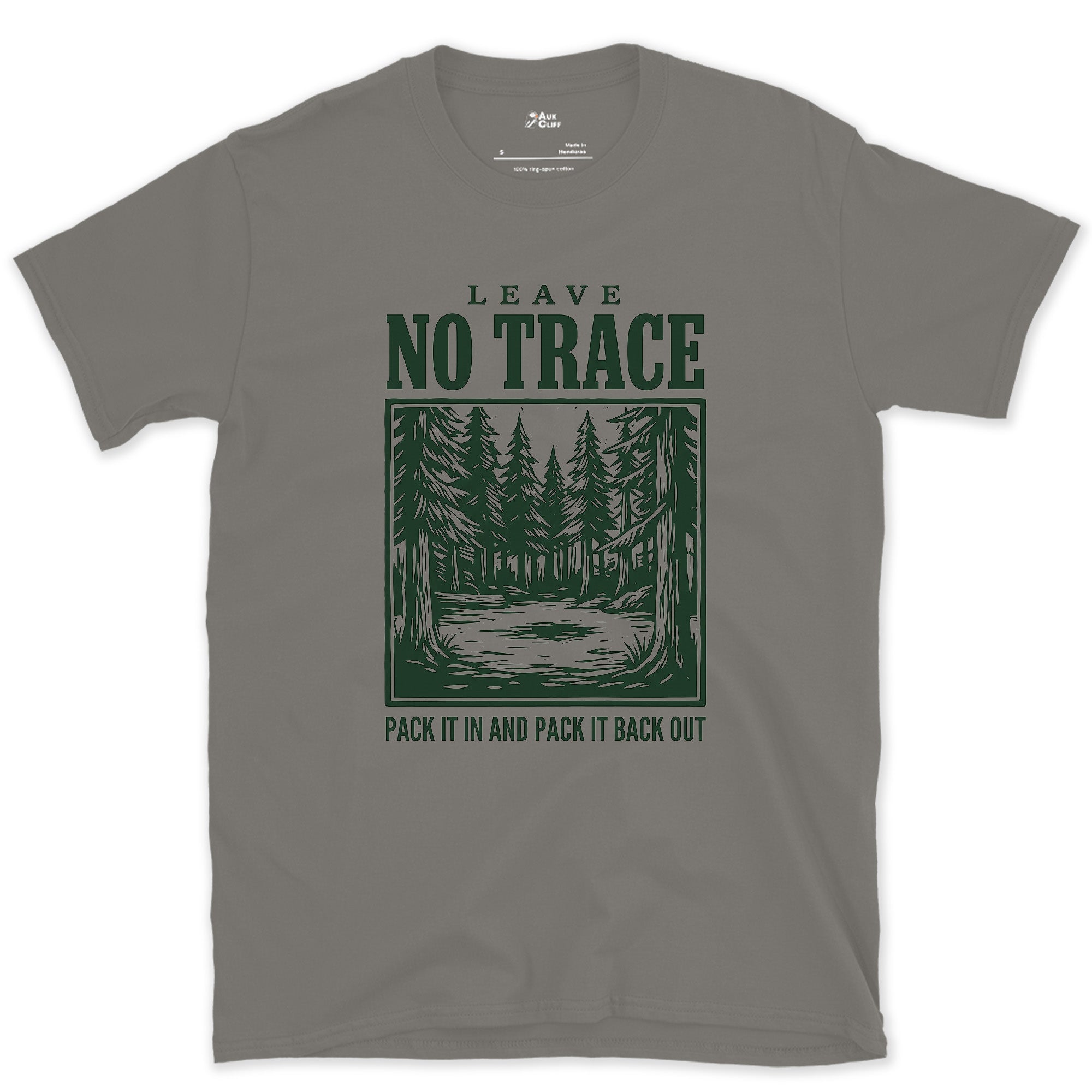 Leave No Trace, Pack It In and Pack It Out design on a Charcoal Gildan Softstyle t-shirt