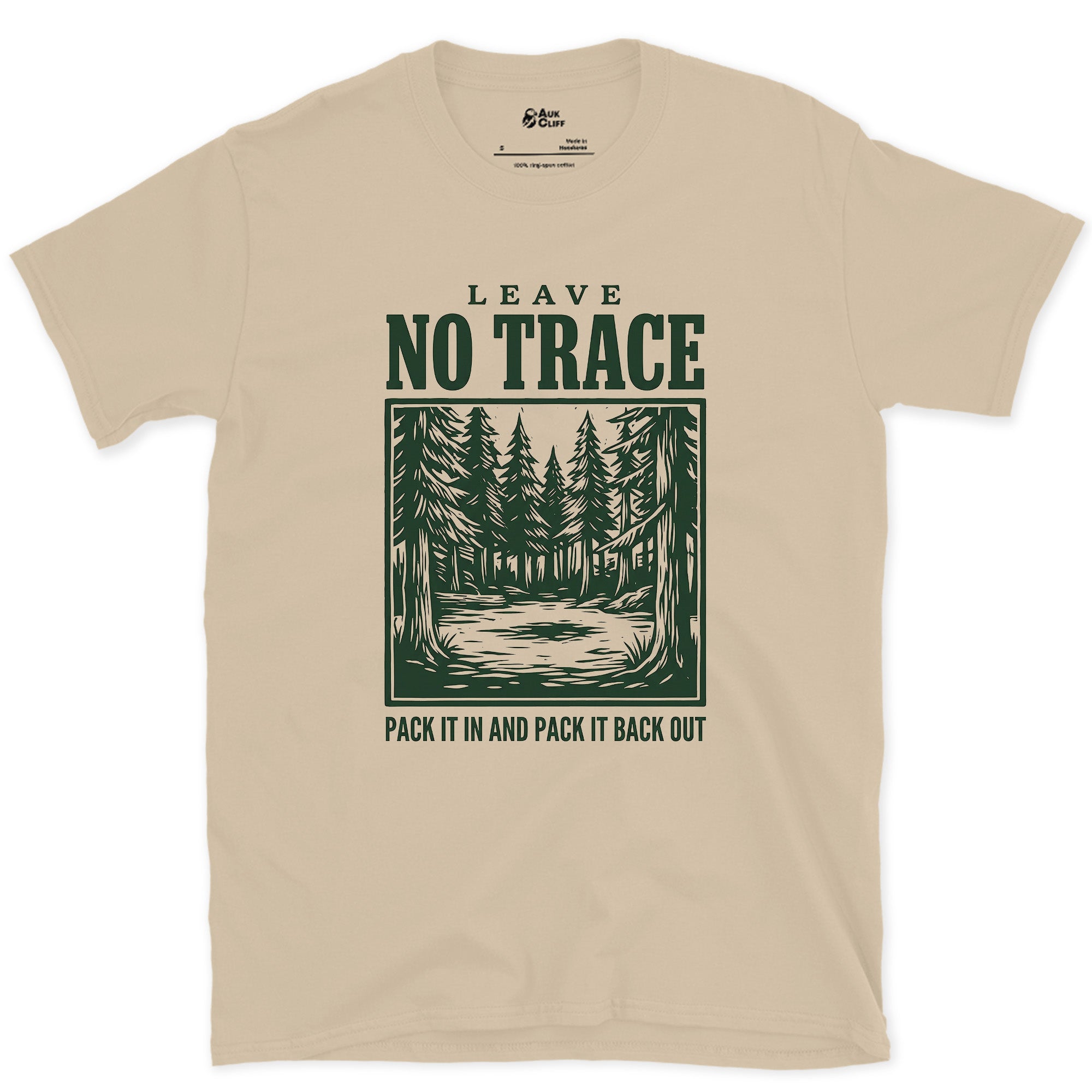 Leave No Trace, Pack It In and Pack It Out design on a Sand Gildan Softstyle t-shirt