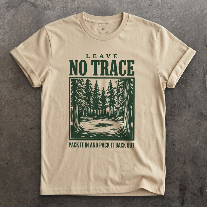 Leave No Trace, Pack It In and Pack It Out design on a Sand Gildan Softstyle t-shirt