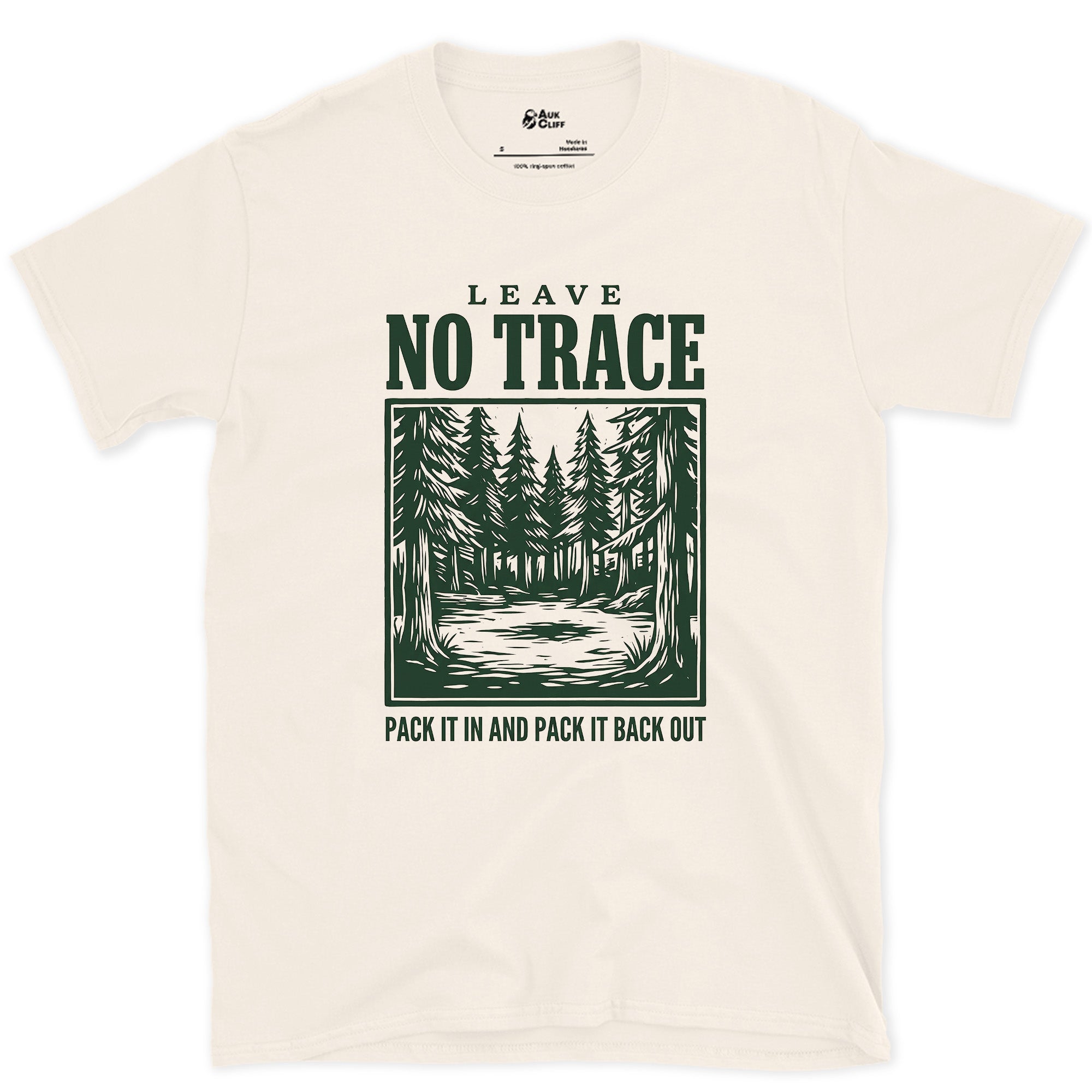 Leave No Trace, Pack It In and Pack It Out design on a Natural Gildan Softstyle t-shirt