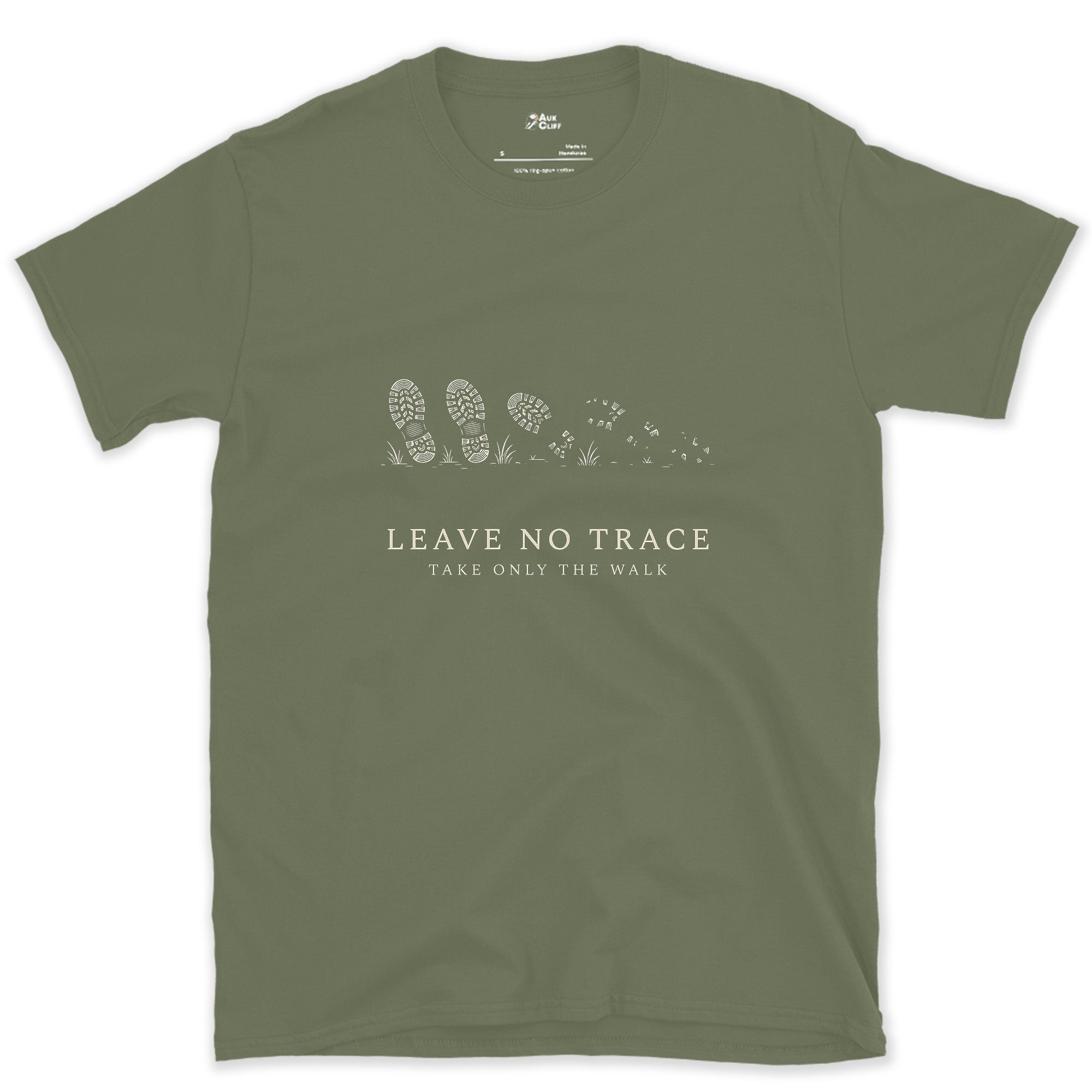 Leave No Trace, Take Only the Walk design on a Military Green Gildan Softstyle t-shirt