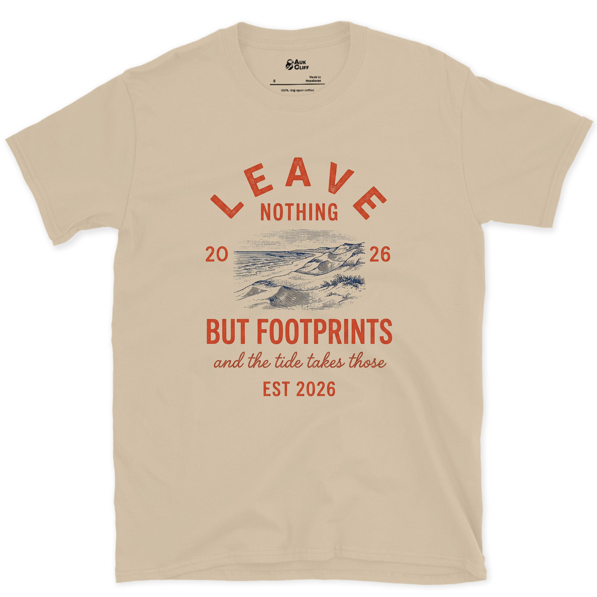 Leave Nothing but Footprints, the Tide Takes Those design on a Sand Gildan Softstyle t-shirt
