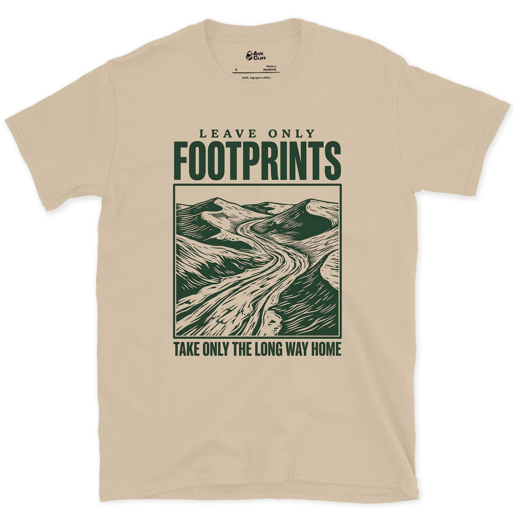 Leave Only Footprints, Valley Road design on a Sand Gildan Softstyle t-shirt