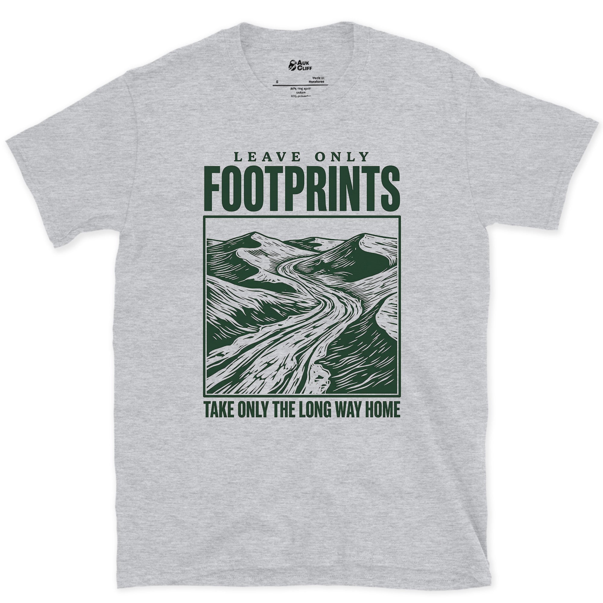 Leave Only Footprints, Valley Road design on a Sport Grey Gildan Softstyle t-shirt