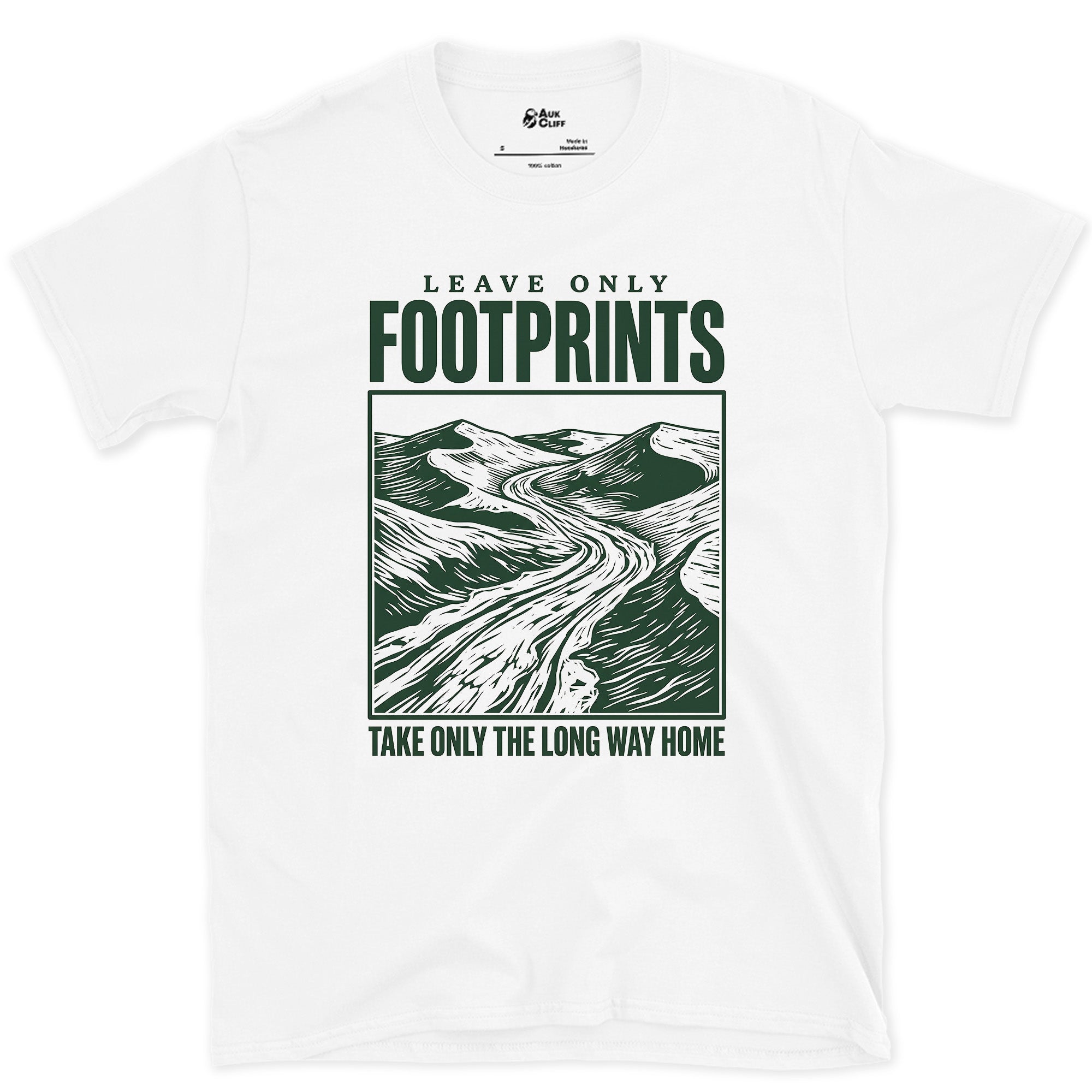 Leave Only Footprints, Valley Road design on a White Gildan Softstyle t-shirt